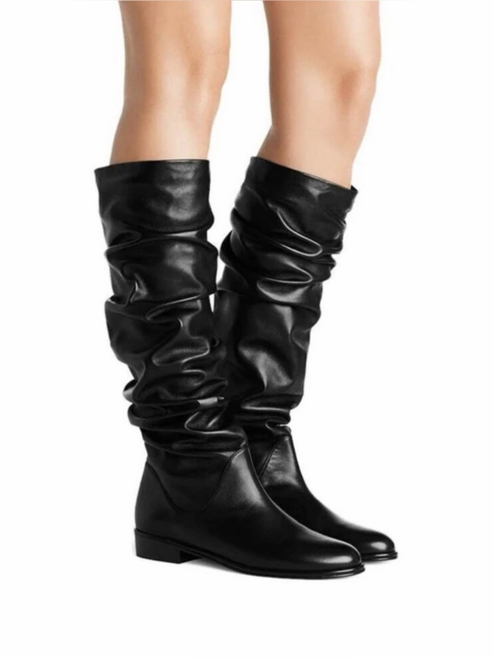 Stuart Weitzman Flatscrunchy Black Nappa Leather Knee High Boots